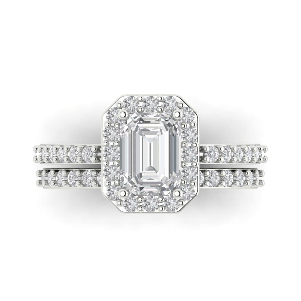 2.22 ct Emerald Cut Clear Simulated Diamond 14k White Gold Halo Solitaire W/Accents Wedding Engagement Promise Ring size 7