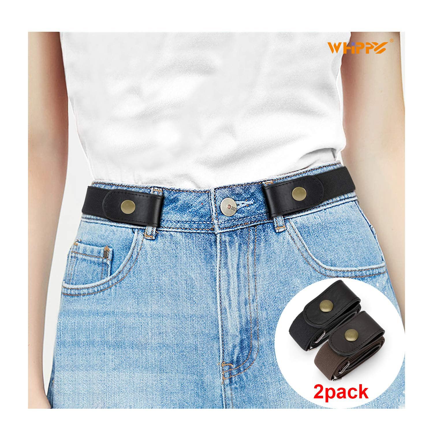 WHIPPY 2 Pack Buckle Free Comfortable Elastic Belt for Women or Men, Buckle-less No Bulge No Hassle Invisible Belts (Black Coffee, Fit Pants Size 32-48 Inches)