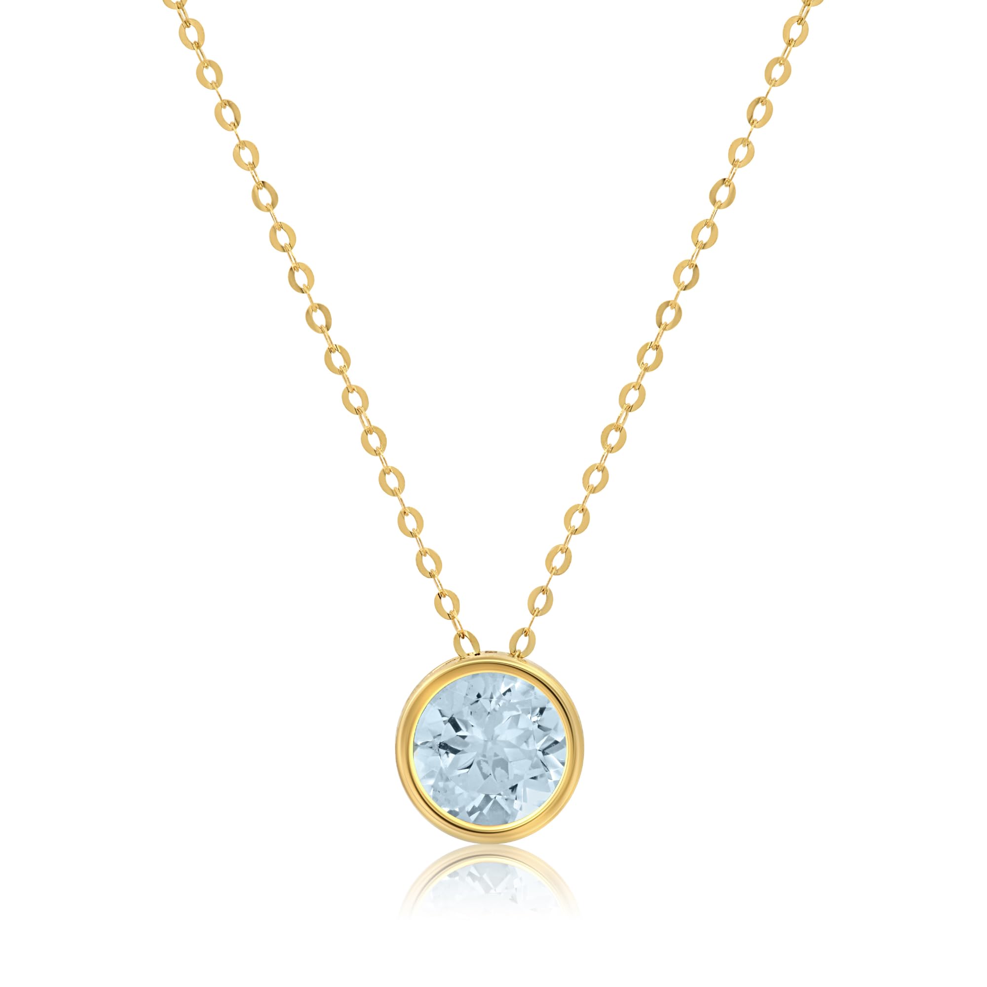 MAX + STONE 14k Yellow Gold Round Pendant Necklace for Women with 7 mm Blue Aquamarine March Birthstone on 18 Inch Cable Chain Spring Ring Clasp Bezelby