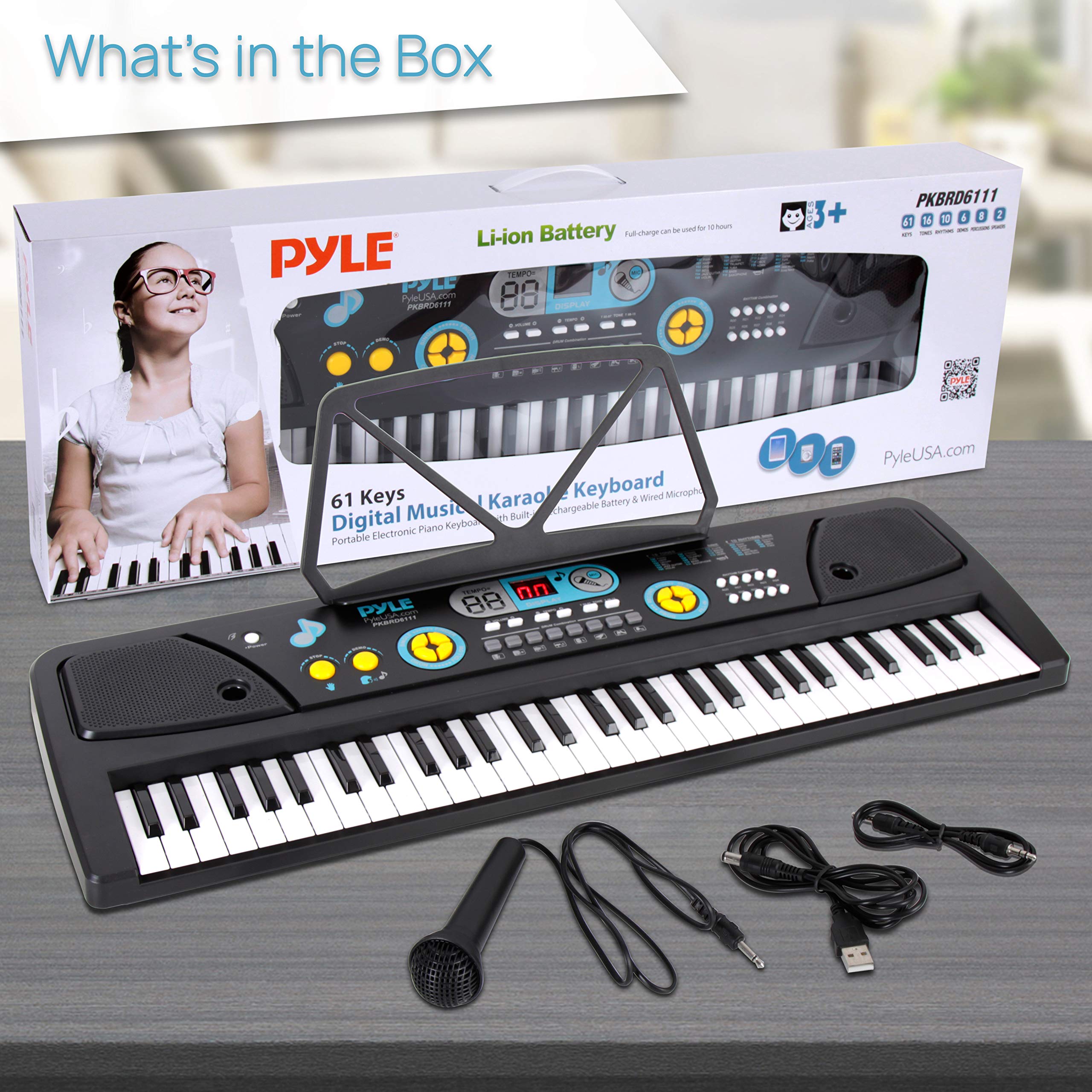 PYLE Digital Piano Kids Keyboard - Portable 61 Key Piano Keyboard, Learning Keyboard for Beginners w/ Drum Pad, Recording, Microphone, Music Sheet Stand, Built-in Speaker- 3 4 5 6 Year Old Girls, Boys