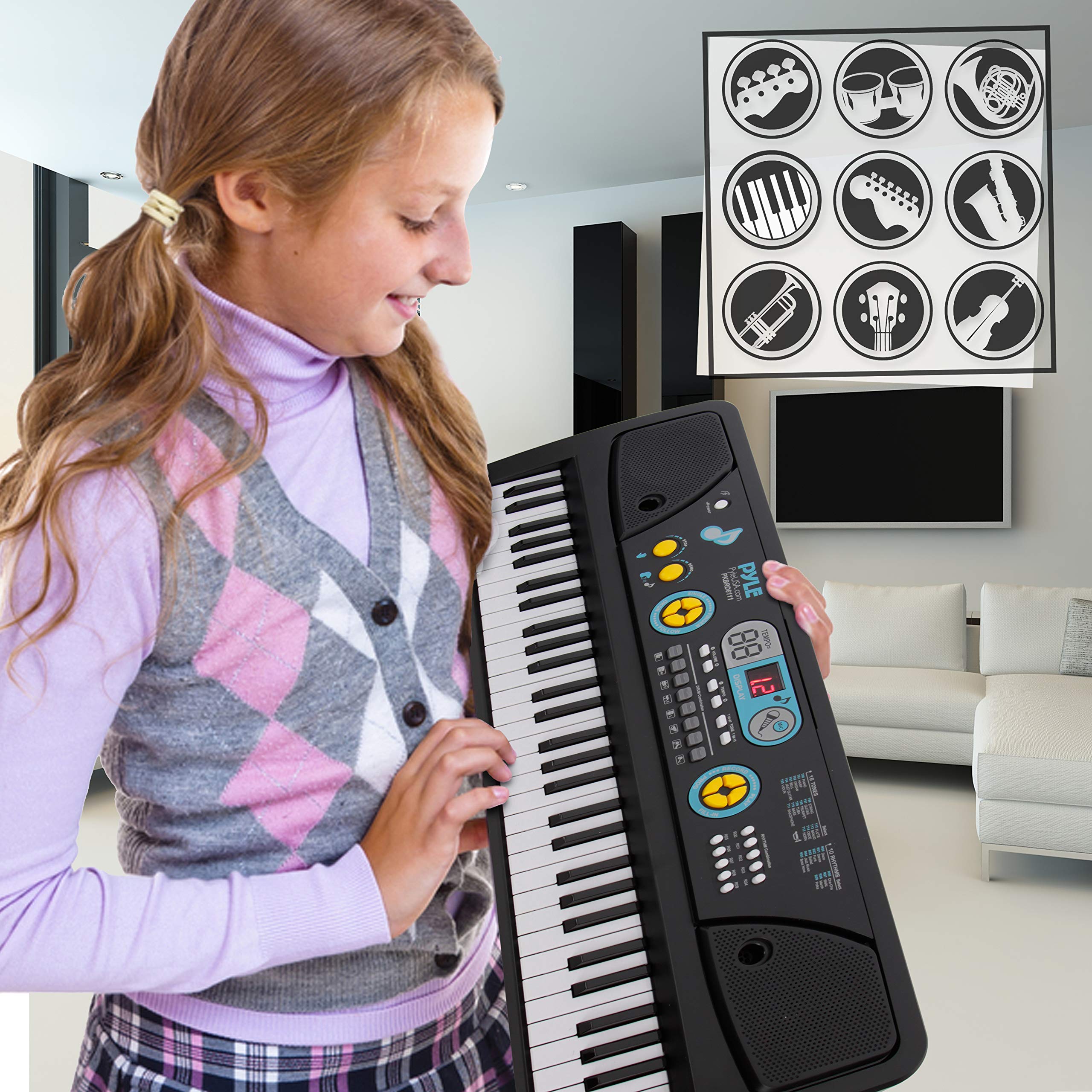 PYLE Digital Piano Kids Keyboard - Portable 61 Key Piano Keyboard, Learning Keyboard for Beginners w/ Drum Pad, Recording, Microphone, Music Sheet Stand, Built-in Speaker- 3 4 5 6 Year Old Girls, Boys