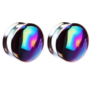 pierced owl front facing metallic rainbow oil slick glass saddle plugs, sold as a pair (12mm (1/2"))