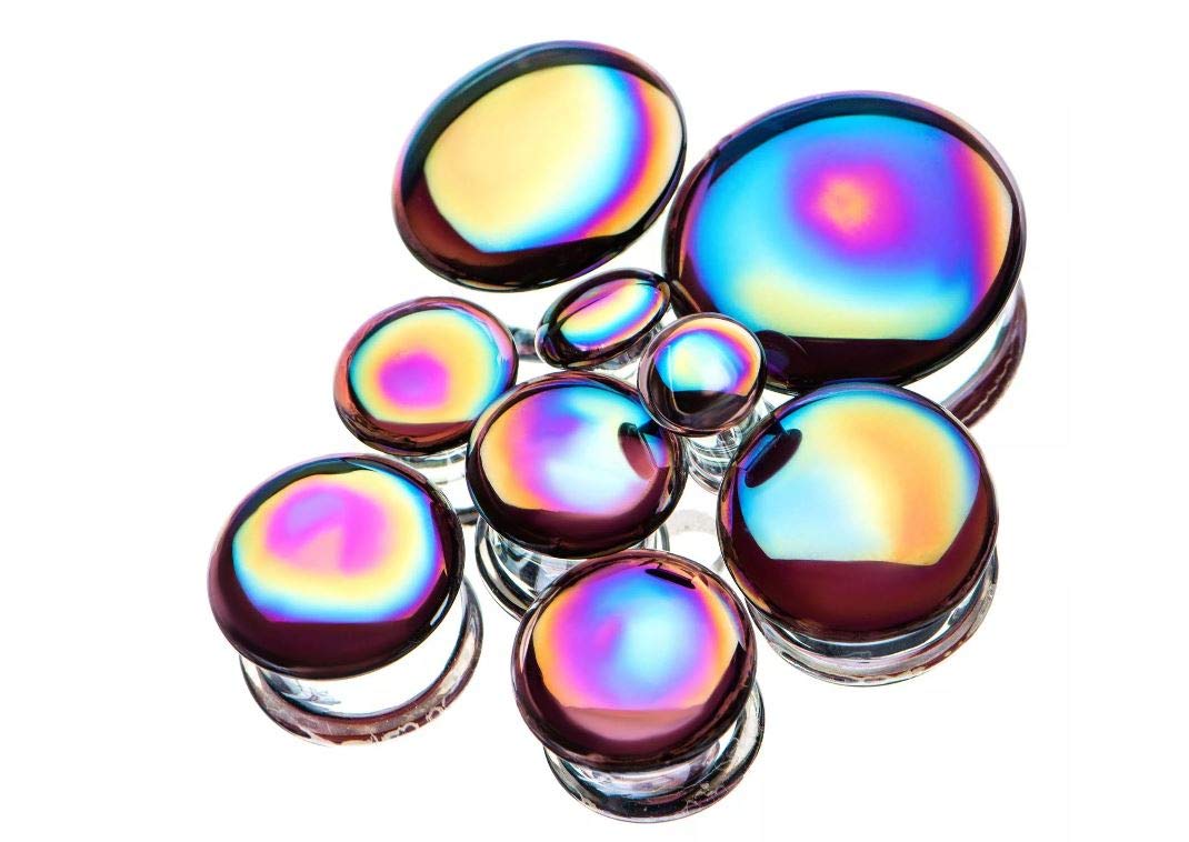 Pierced Owl Front Facing Metallic Rainbow Oil Slick Glass Saddle Plugs, Sold as a Pair (12mm (1/2"))