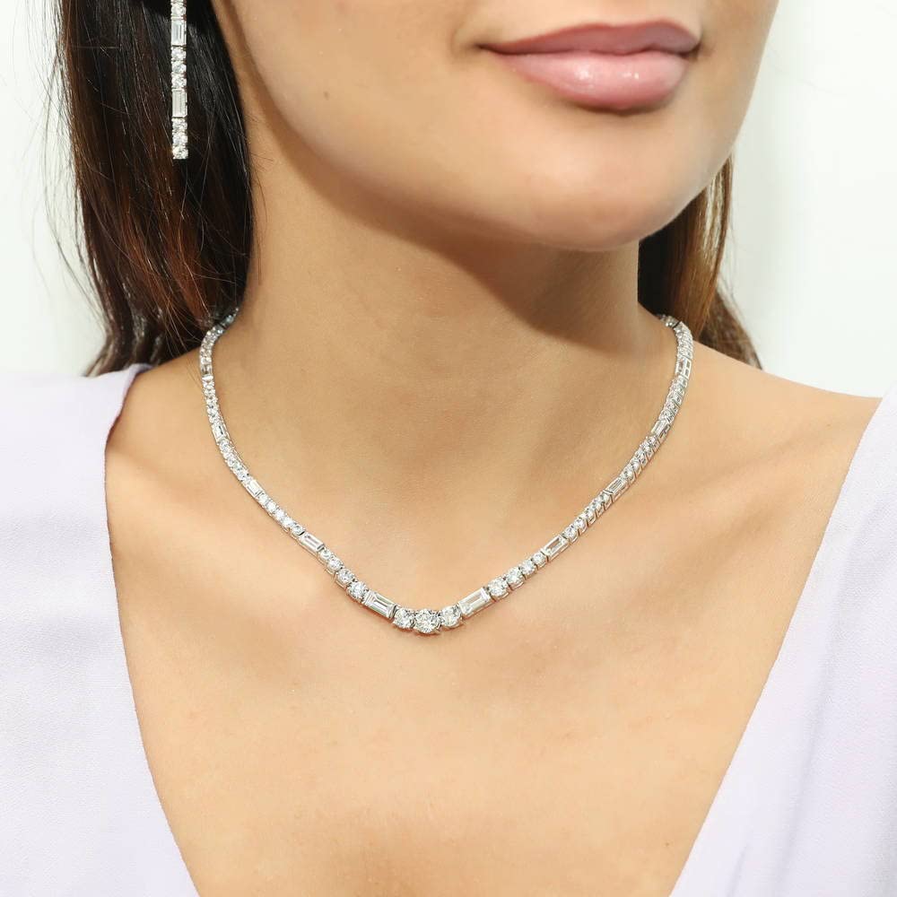 BERRICLE Sterling Silver Cubic Zirconia CZ Fashion Tennis Necklace for Women, Rhodium Plated 16"