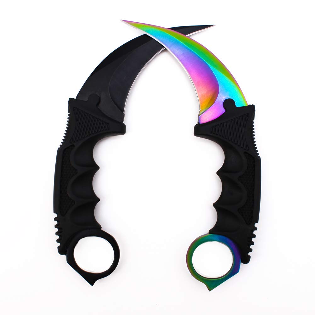 Karambit Knife, Set of 2, CS-GO for Hunting Camping Fishing and Field Survival, Stainless Steel Fixed Blade Tactical Knife with Sheath and Cord (Black+Rainbow).