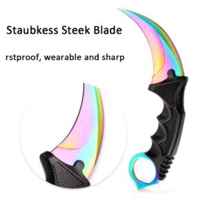 Karambit Knife, Set of 2, CS-GO for Hunting Camping Fishing and Field Survival, Stainless Steel Fixed Blade Tactical Knife with Sheath and Cord (Black+Rainbow).