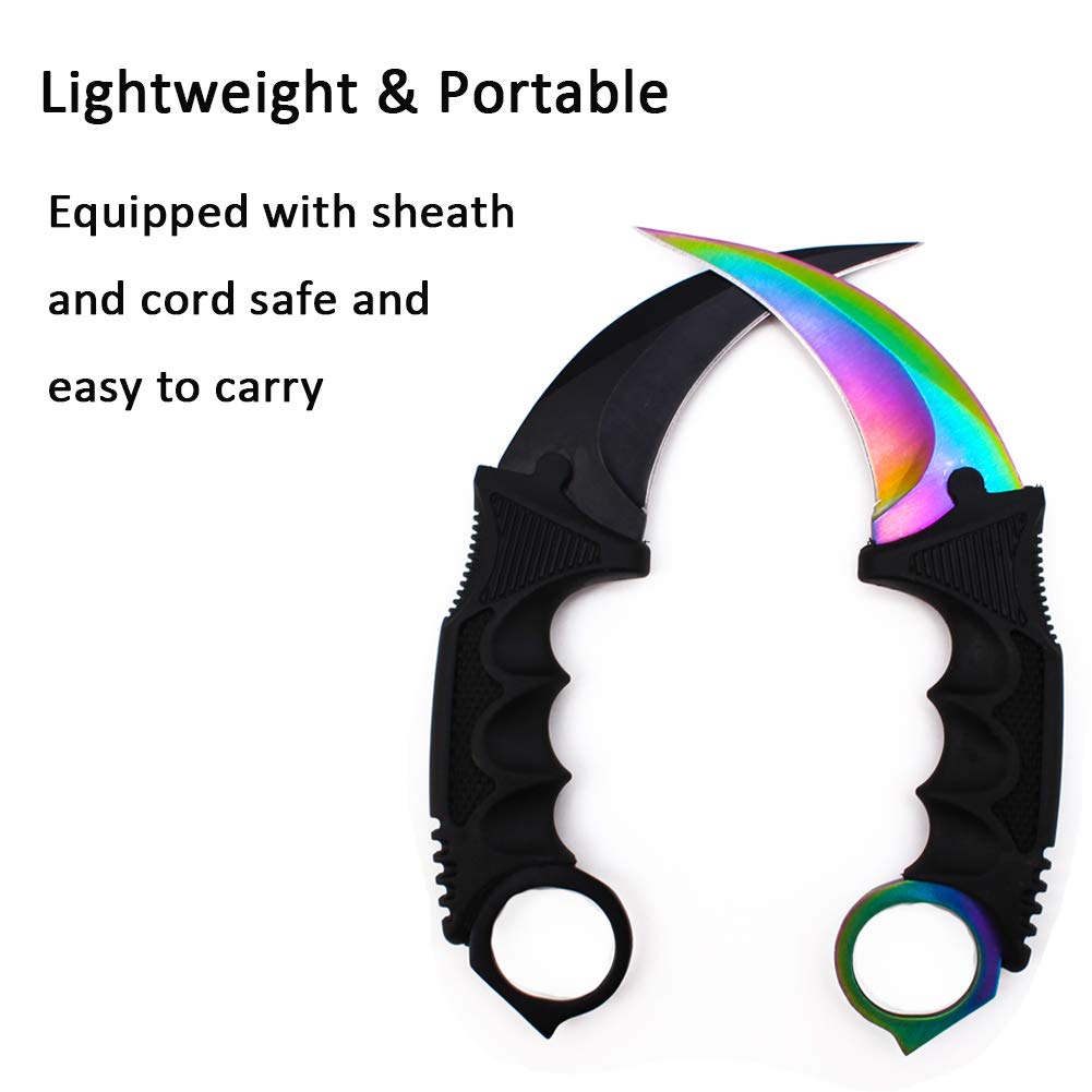 Karambit Knife, Set of 2, CS-GO for Hunting Camping Fishing and Field Survival, Stainless Steel Fixed Blade Tactical Knife with Sheath and Cord (Black+Rainbow).