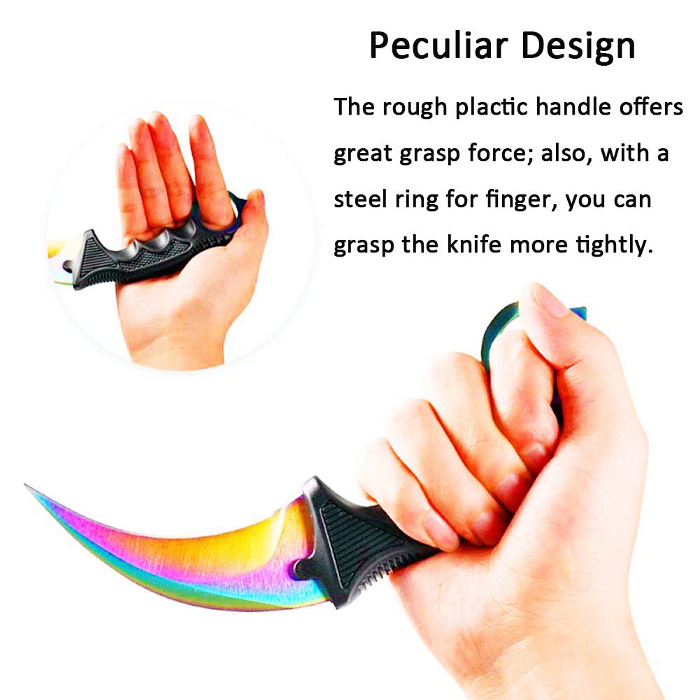 Karambit Knife, Set of 2, CS-GO for Hunting Camping Fishing and Field Survival, Stainless Steel Fixed Blade Tactical Knife with Sheath and Cord (Black+Rainbow).