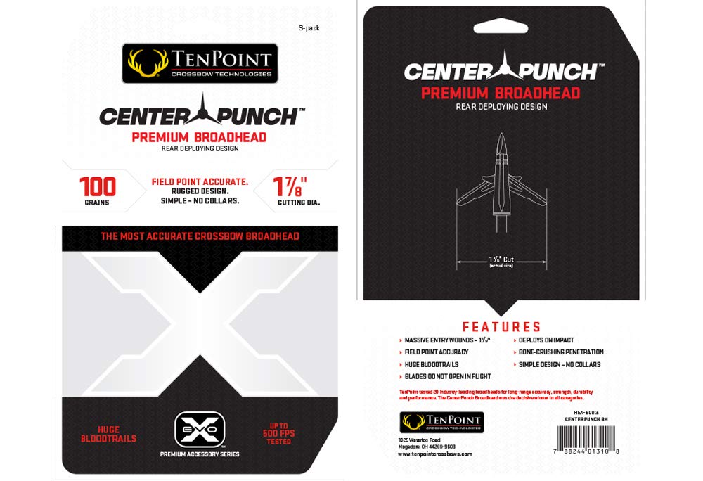 TenPoint EVO-X CenterPunch Broadhead, Red - Pack of 3 - 100-Grain, Rear-Deploying Design