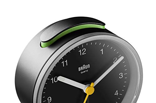 Braun Classic Analogue Alarm Clock with Snooze and Light, Quiet Quartz Movement, Crescendo Beep Alarm in Black and Silver, Model BC12SB.