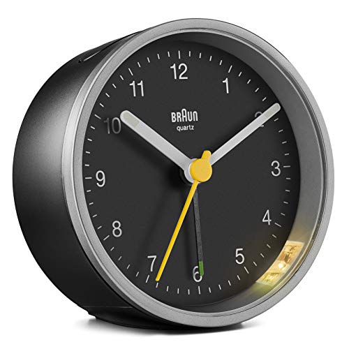 Braun Classic Analogue Alarm Clock with Snooze and Light, Quiet Quartz Movement, Crescendo Beep Alarm in Black and Silver, Model BC12SB.