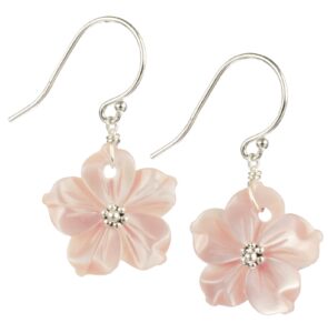 ltc designs pink mother of pearl shell flower sterling silver dangle earring with fish hook ear wires. perfect for momen and teens