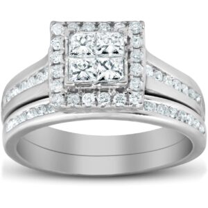 1 ct tdw princess cut halo diamond engagement wedding ring set 10k white gold - size 6.5