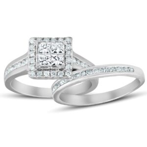 1 Ct TDW Princess Cut Halo Diamond Engagement Wedding Ring Set 10k White Gold - Size 6.5