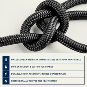 Rainier Supply Co. Boat Anchor Line - 50 ft x 3/8 inch Anchor Rope - Double Braided Nylon Anchor Boat Rope with 316SS Thimble and Heavy Duty Marine Grade Snap Hook - Black