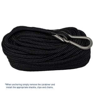 Rainier Supply Co. Boat Anchor Line - 50 ft x 3/8 inch Anchor Rope - Double Braided Nylon Anchor Boat Rope with 316SS Thimble and Heavy Duty Marine Grade Snap Hook - Black