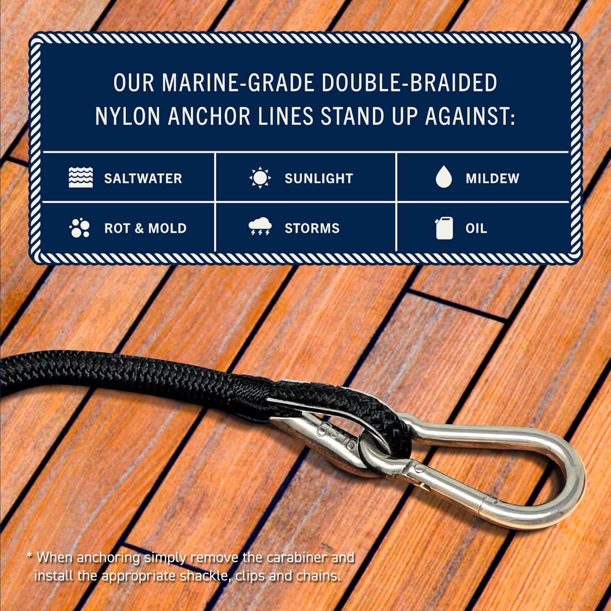 Rainier Supply Co. Boat Anchor Line - 50 ft x 3/8 inch Anchor Rope - Double Braided Nylon Anchor Boat Rope with 316SS Thimble and Heavy Duty Marine Grade Snap Hook - Black