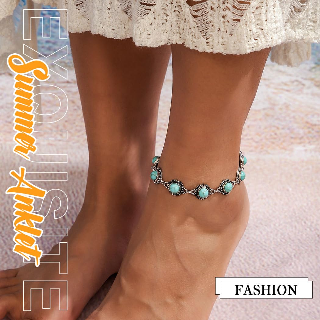 Nicute Boho Turquoise Anklet Silver Vintage Ankle Summer Beach Adjustable Foot Jewelry for Women