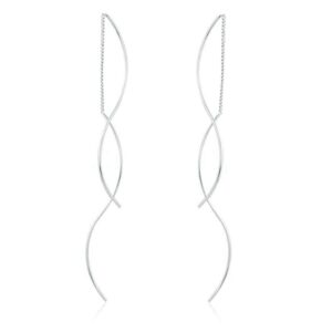 Reffeer Solid 925 Sterling Silver Double Linear Curved Tassel Earrings Threader Drop Dangle Earrings Perfect For Women