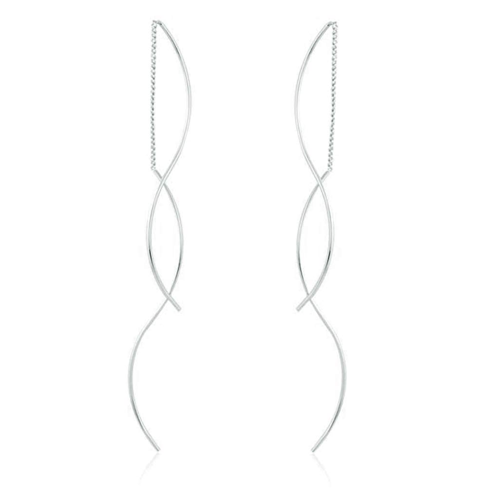 Reffeer Solid 925 Sterling Silver Double Linear Curved Tassel Earrings Threader Drop Dangle Earrings Perfect For Women