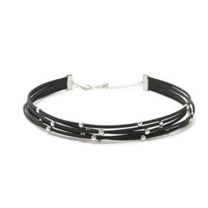 Aimimier Bohemia Layered Choker Necklace Black Leather Choker with Silver Beads Multilayer Collar Necklace for Women