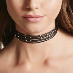 Aimimier Bohemia Layered Choker Necklace Black Leather Choker with Silver Beads Multilayer Collar Necklace for Women