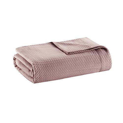 Madison Park Soft Certified 100% Egyptian Cotton Breathable Cozy Blanket, Premium Waffle Knit Classic Design, Luxury All Season Lightweight Cover for Bed, Couch and Sofa, Rose Full/Queen(90"x90")