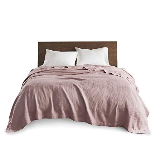 Madison Park Soft Certified 100% Egyptian Cotton Breathable Cozy Blanket, Premium Waffle Knit Classic Design, Luxury All Season Lightweight Cover for Bed, Couch and Sofa, Rose Full/Queen(90"x90")