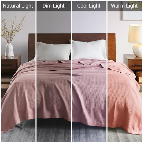 Madison Park Soft Certified 100% Egyptian Cotton Breathable Cozy Blanket, Premium Waffle Knit Classic Design, Luxury All Season Lightweight Cover for Bed, Couch and Sofa, Rose Full/Queen(90"x90")