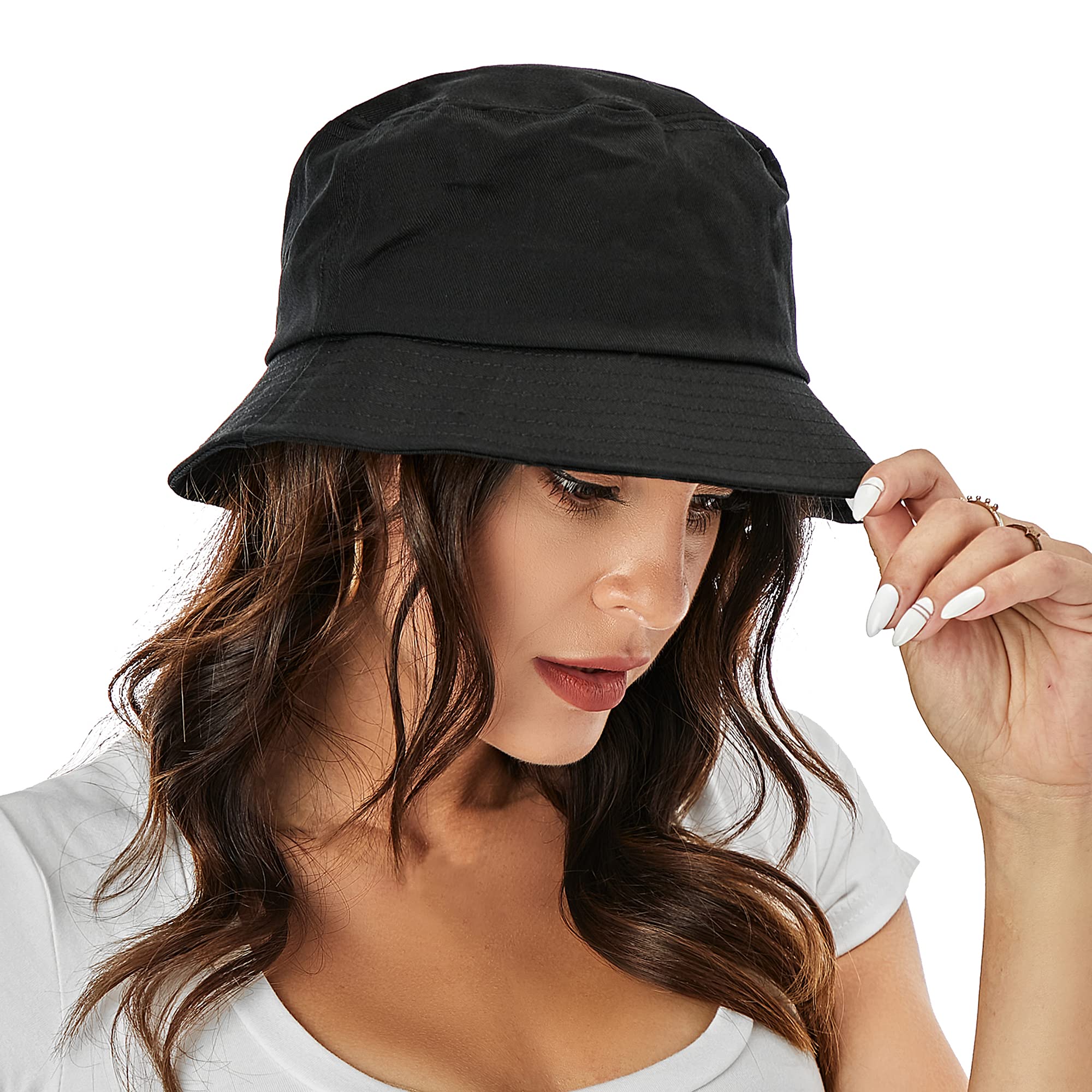 Umeepar Unisex Cotton Packable Bucket Hat Sun Hat Plain Colors for Men Women (1 Plain Black)