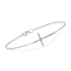 Ross-Simons Diamond-Accented Sideways Cross Bracelet in 14kt White Gold. 7 inches