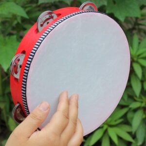 Luvay 8" Tambourine with Head - Red Wood Handheld - Single Row 6 Pairs Jingles