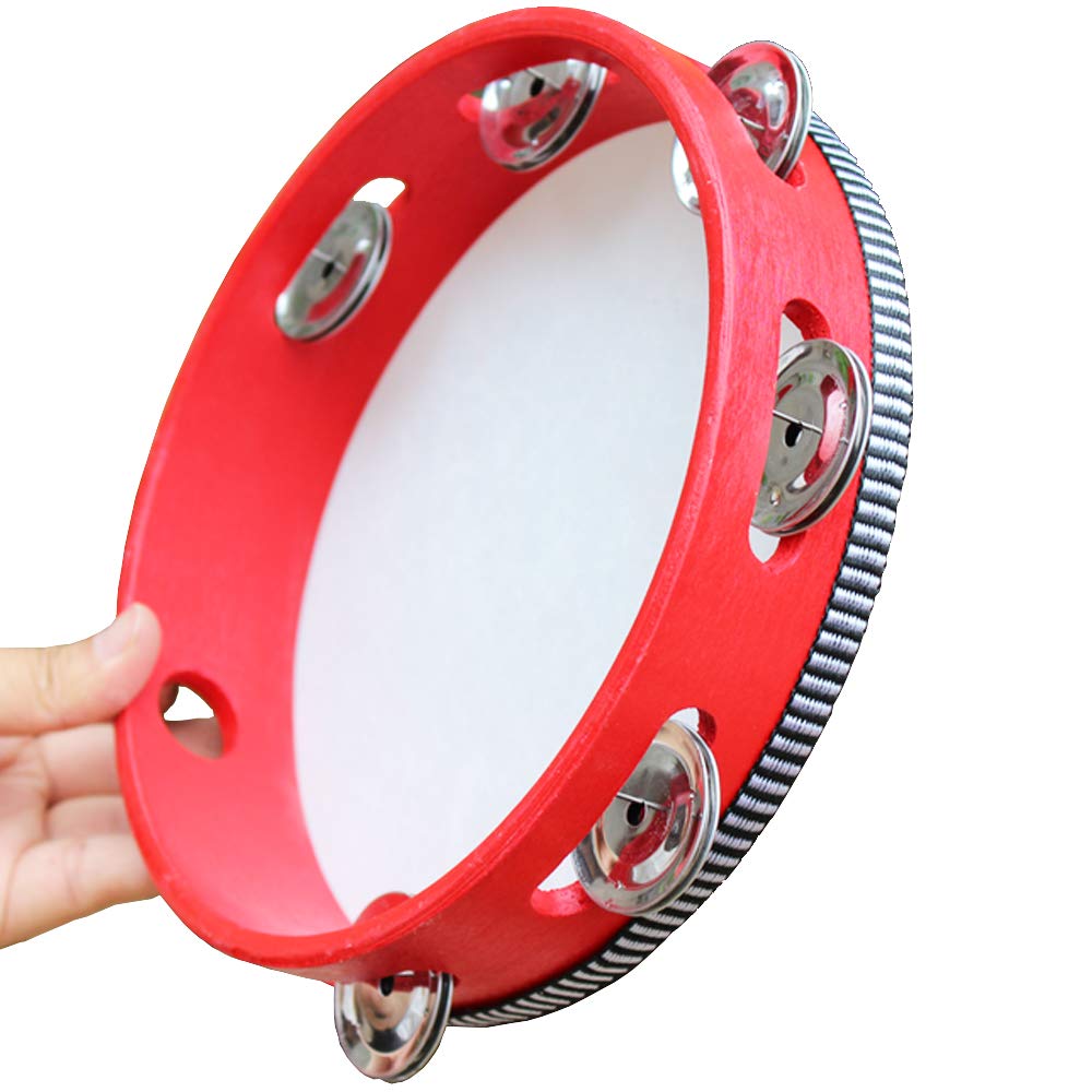 Luvay 8" Tambourine with Head - Red Wood Handheld - Single Row 6 Pairs Jingles