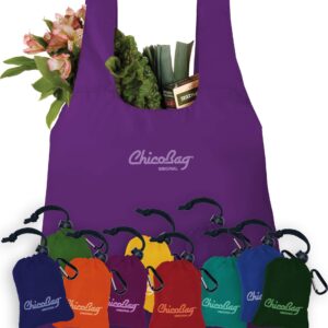 ChicoBag Original Compact Reusable Grocery Bag w/Attached Pouch and Carabiner Clip | Perfect for Shopping, Travel, Organization | Eco-Conscious Packable Tote | Purple (Pack of 4)