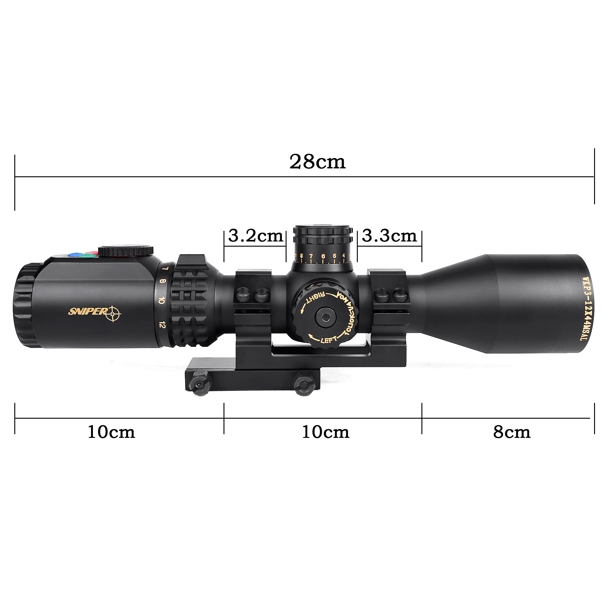 WKP3-12X44SAL Compact Hunting Scopes Side Parallax Adjustment Red/Green/Blue Illuminated Scope 7" Long Eye Relief