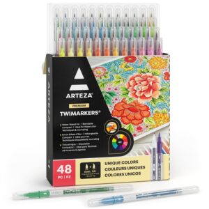 ARTEZA Dual Tip Brush Markers, Set of 48, Art Markers with Fine and Brush Tips, Dual Tip Pens for Adult Coloring, Calligraphy, Sketching, Doodling