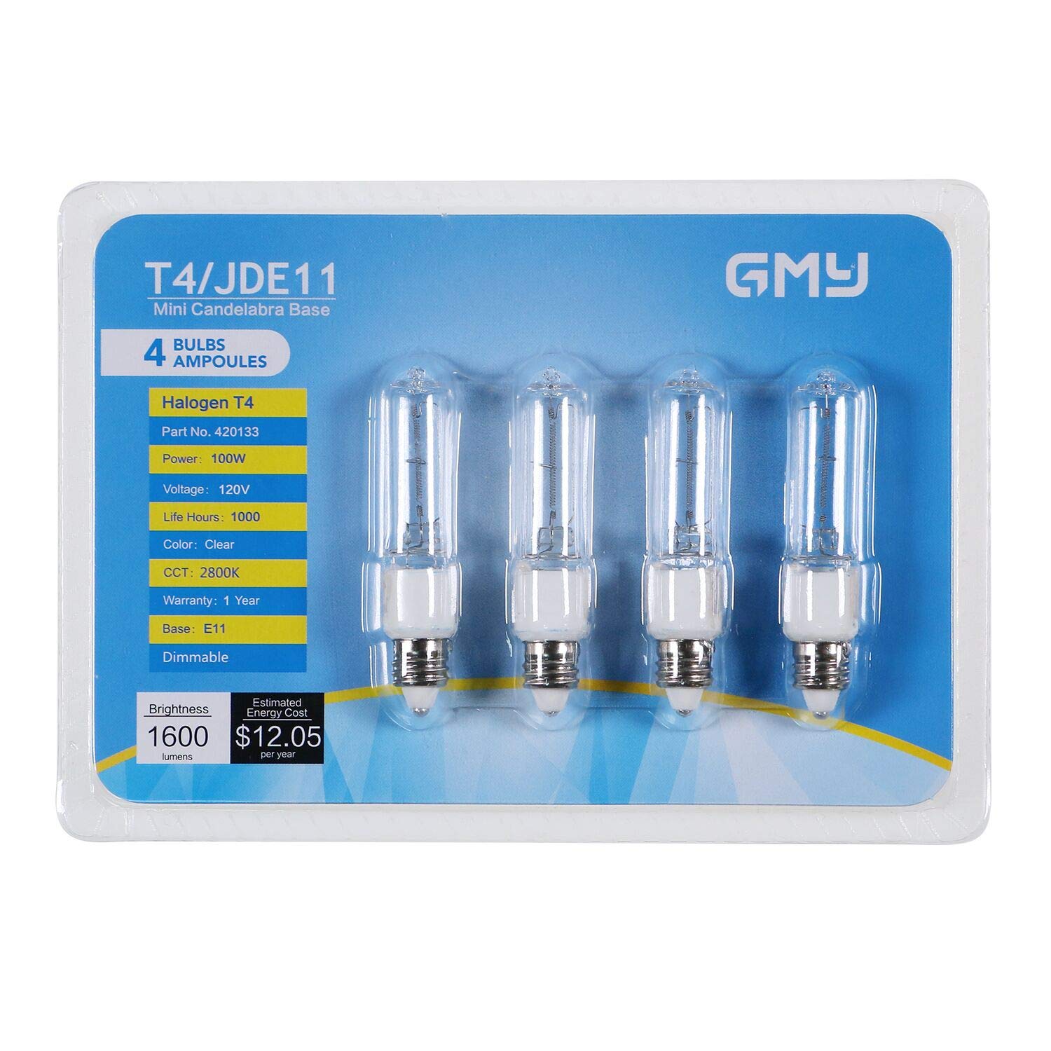 GMY JDE11 120V 100W T4 Mini Candelabra Base 1600lm 2800K Clear Dimmable JD E11 Halogen Light Bulbs 4Pack