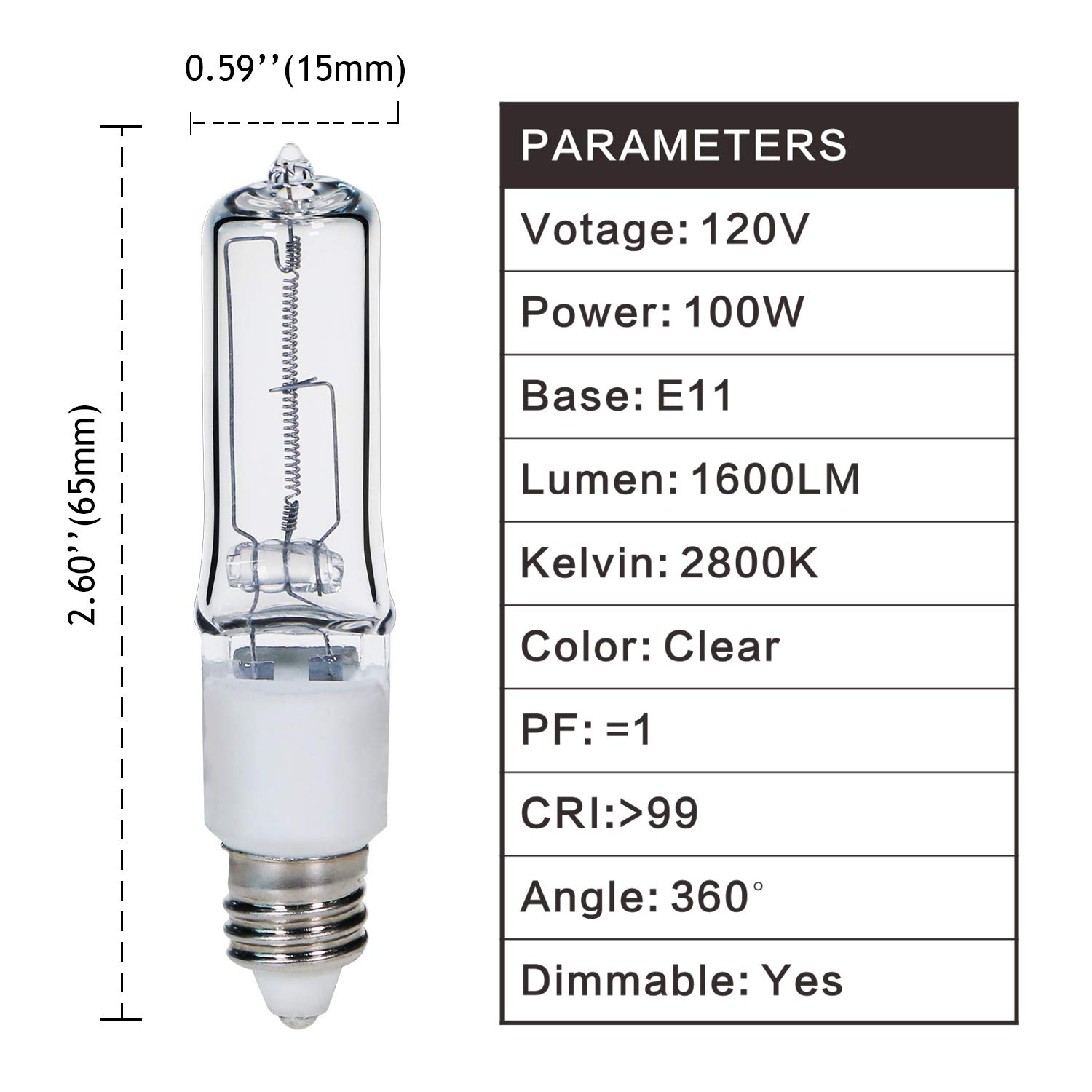 GMY JDE11 120V 100W T4 Mini Candelabra Base 1600lm 2800K Clear Dimmable JD E11 Halogen Light Bulbs 4Pack