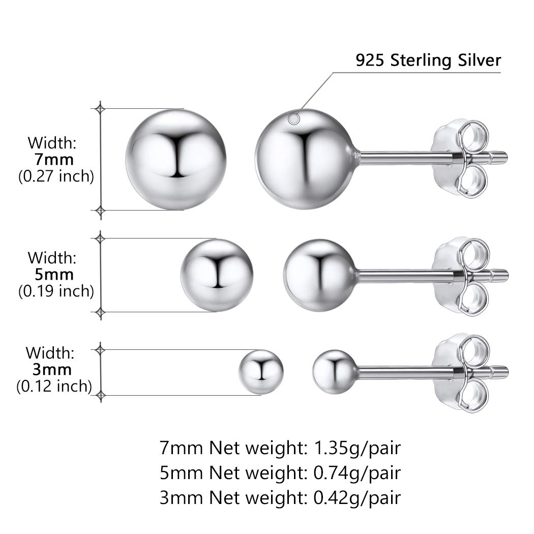 925 Sterling Silver Ball Stud Earrings Second Hole Earrings 7mm Sphere Second Ear Piercings Men Women Jewelry