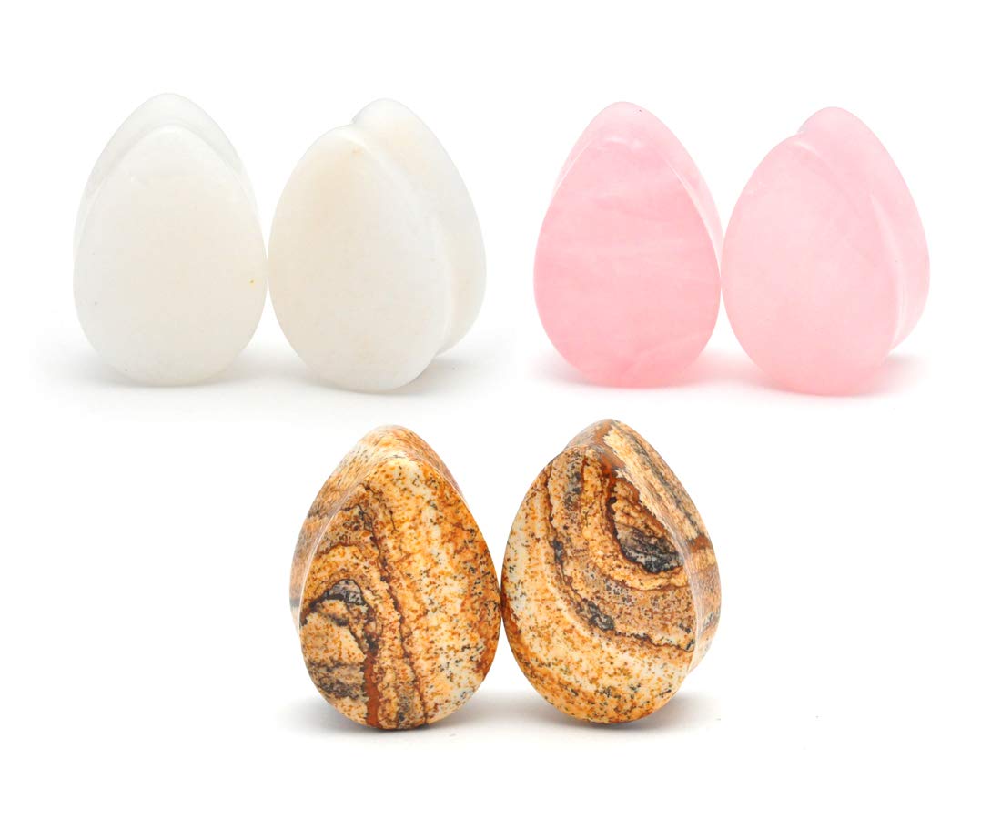 Mystic Metals Body Jewelry Set of 3 Pairs Teardrop Stone Plugs - Rose Quartz, White Jade, Picture Jasper (0g (8mm))