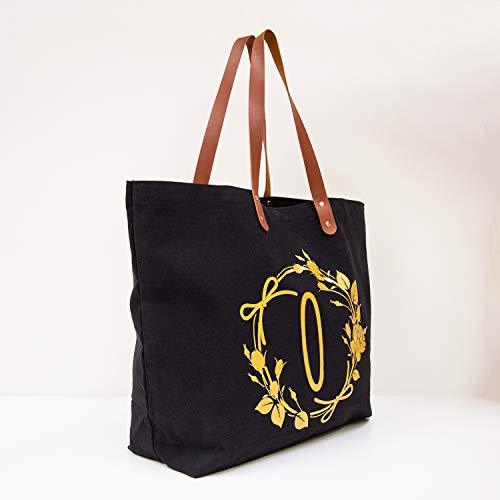 ELEGANTPARK Personalized Birthday Gifts for Women Mom Friend Sister Teacher Appreciation Gifts Monogrammed Gifts Initial Tote Bag Present Bag Black Canvas Tote Bag with Pocket Gold Letter O