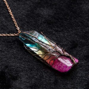 Bivei Life Tree Copper Wire Wrapped Natural Quartz Necklace Reiki Healing Crystal Point Chakra Pendant Jewelry Gift for Women(Bronze Titanium Coated Multi Color #1