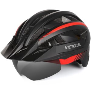 victgoal bike helmet for men women with led light detachable magnetic goggles removable sun visor mountain & road bicycle helmets adjustable size adult cycling helmets (l: 57-61 cm, black red)