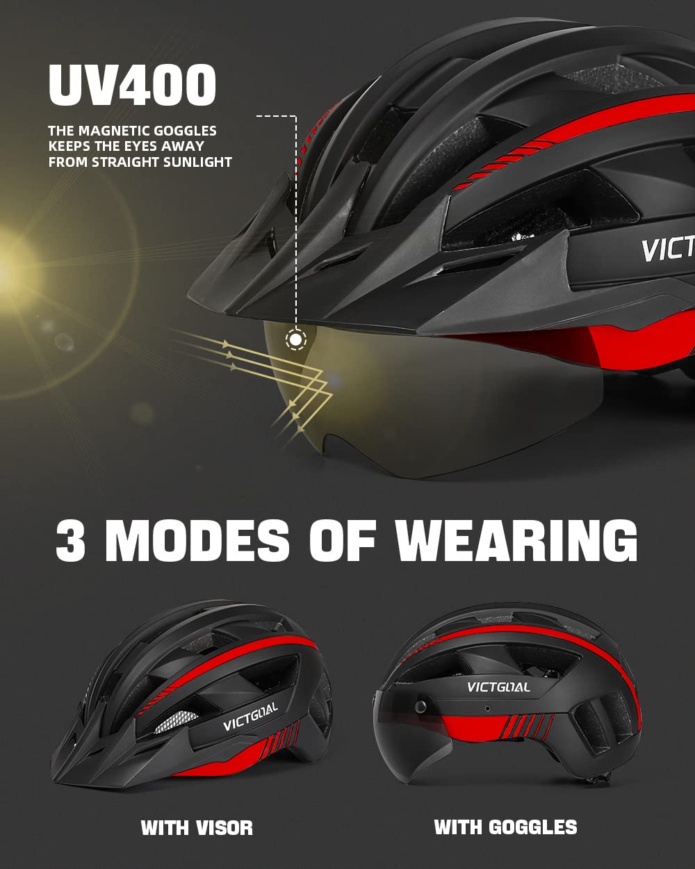 VICTGOAL Bike Helmet for Men Women with Led Light Detachable Magnetic Goggles Removable Sun Visor Mountain & Road Bicycle Helmets Adjustable Size Adult Cycling Helmets (L: 57-61 cm, Black Red)