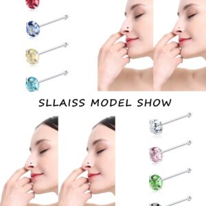 Sllaiss 8Pcs 22G Sterling Silver Nose Rings Studs Pin for Women Men 3MM Mix Color Round Czech Crystal Nose Body Piercing Jewelry