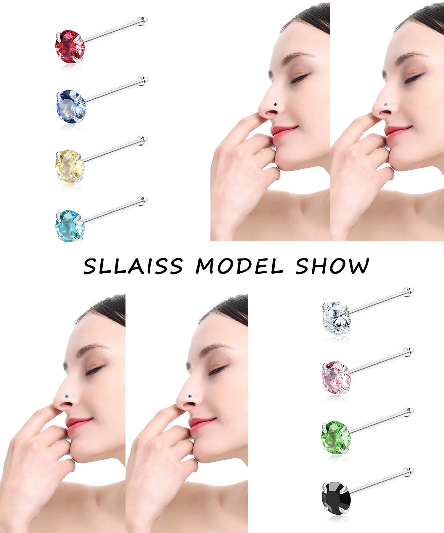 Sllaiss 8Pcs 22G Sterling Silver Nose Rings Studs Pin for Women Men 3MM Mix Color Round Czech Crystal Nose Body Piercing Jewelry