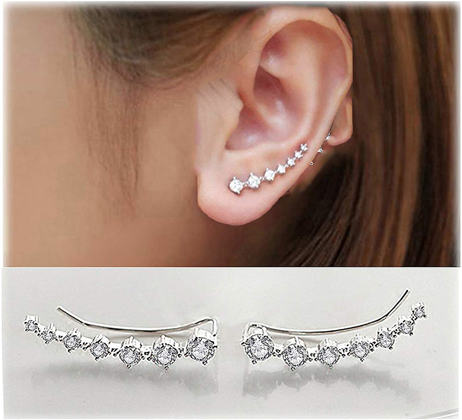 7 Crystals Ear Cuffs Hoop Climber S925 Sterling Silver Earrings Hypoallergenic Earring