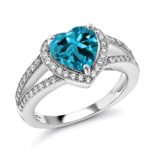 Gem Stone King 925 Sterling Silver London Blue Topaz and White Moissanite Ring For Women (2.86 Cttw, Gemstone November Birthstone, Heart Shape 8MM, Available In Size 5,6,7,8,9)