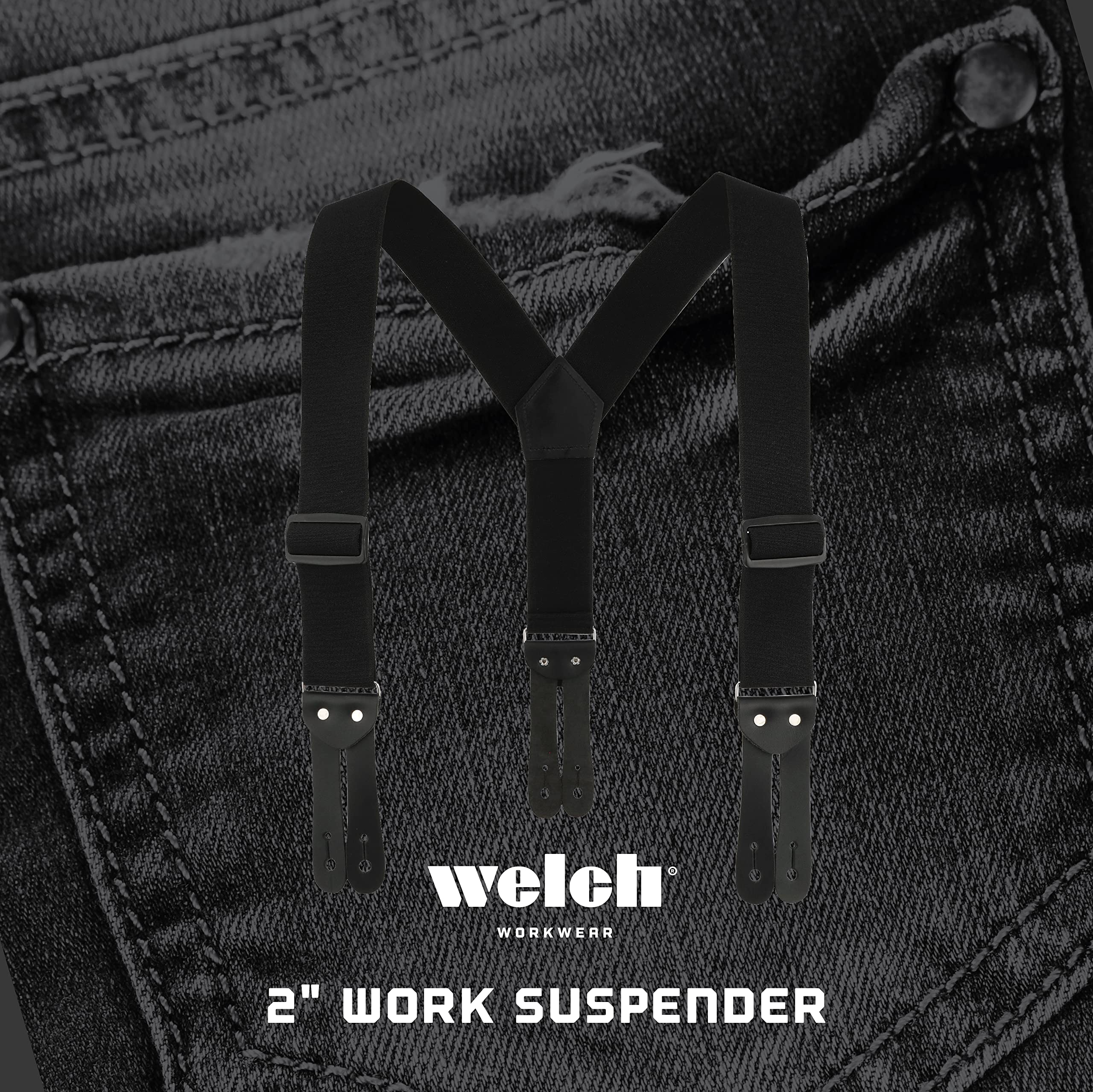 Welch, WK-3854Y-LEF-BLK, Tuff Stuff Work Suspenders for Men and Women - Button on Pants, Heavy Duty 2" wide Elastic, Adjustable Strap, for Jeans, Pants, and Trousers, Size Medium, Black