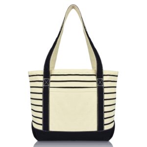 DALIX Medium Stripe Tote Deluxe Shoulder Bag Cotton Canvas in Black